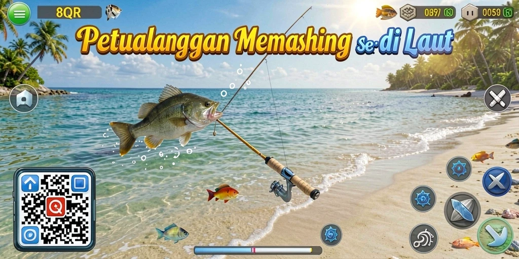 Tampilan gameplay <strong>8QR</strong> dengan pemandangan laut yang indah dan aksi memancing.