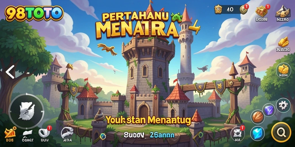 Tampilan gameplay <strong>98TOTO</strong> yang seru dengan menara pertahanan yang aktif melawan musuh.