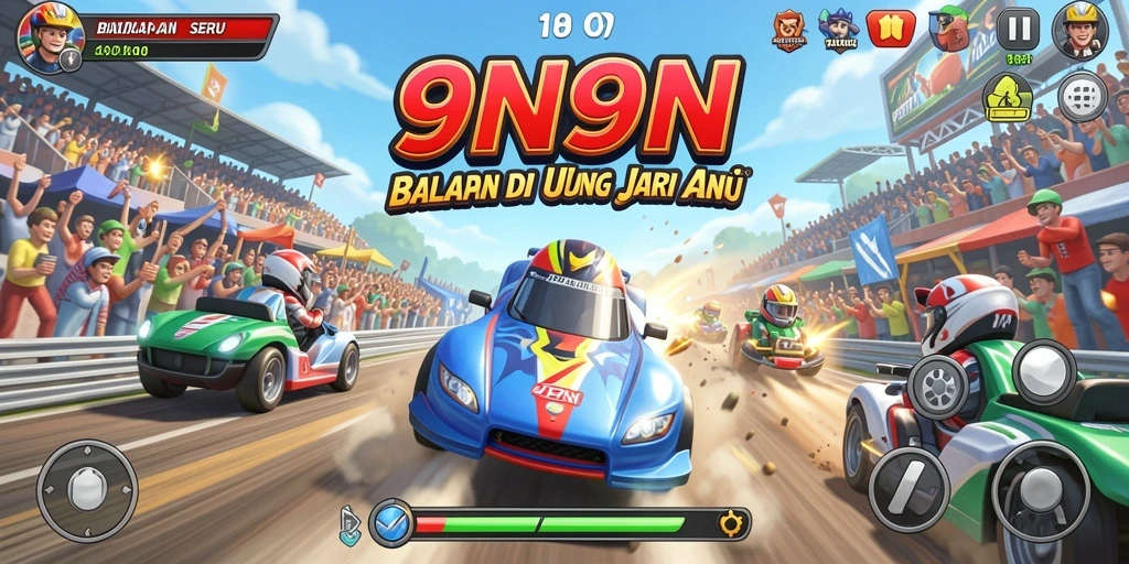Screenshot gameplay Racing 9N9N menampilkan mobil balap dan trek seru.