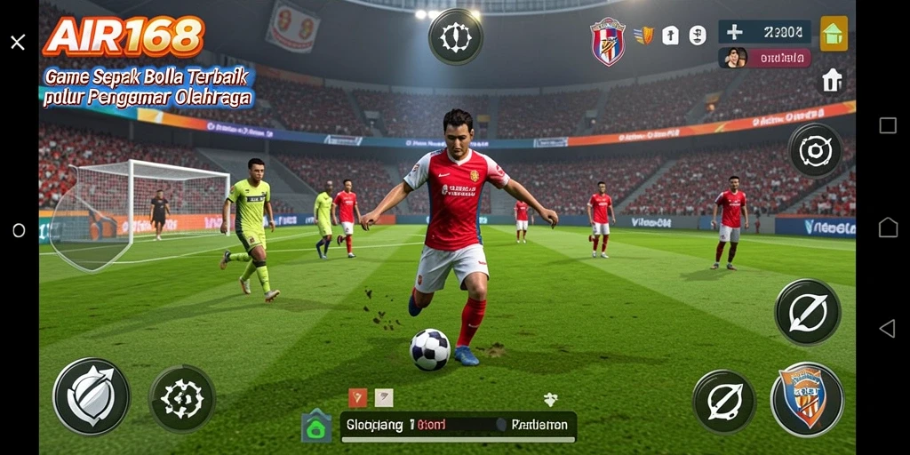 Screenshot gameplay AIR168 menampilkan aksi seru pertandingan sepak bola.