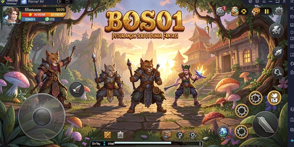 Screenshot gameplay BOS01 menampilkan karakter menjelajahi dunia fantasi yang indah.