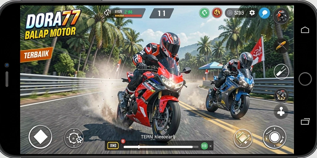 Screenshot DORA77 menampilkan aksi mendebarkan dalam balapan motor.