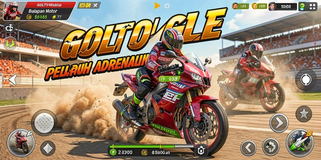 Screenshot gameplay GOLTOGEL menampilkan aksi balapan motor yang intens.