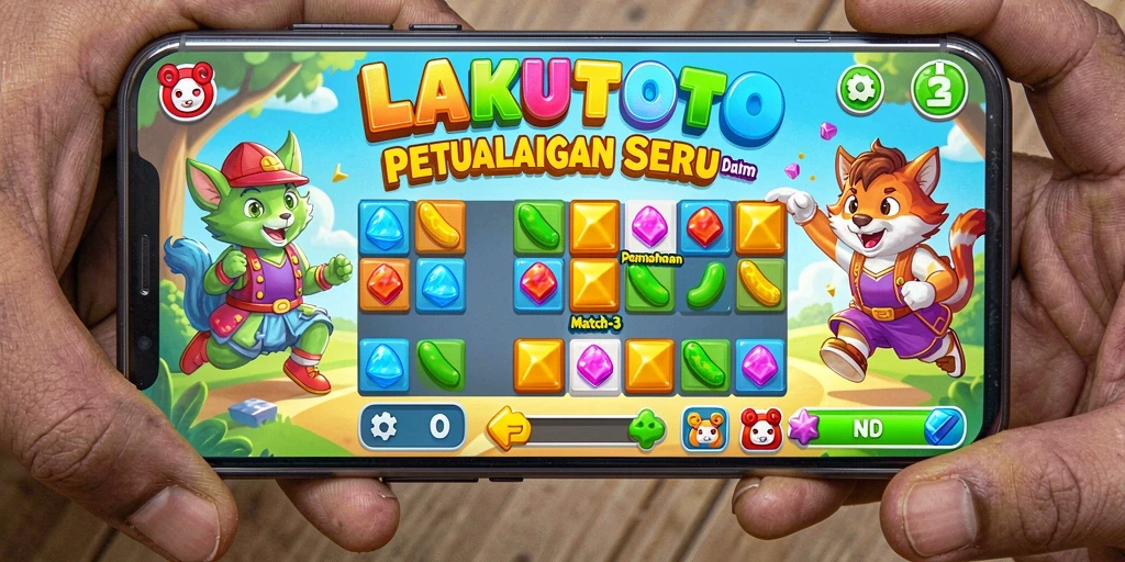 Gameplay seru dalam LAKUTOTO dengan tantangan Match-3 menarik.