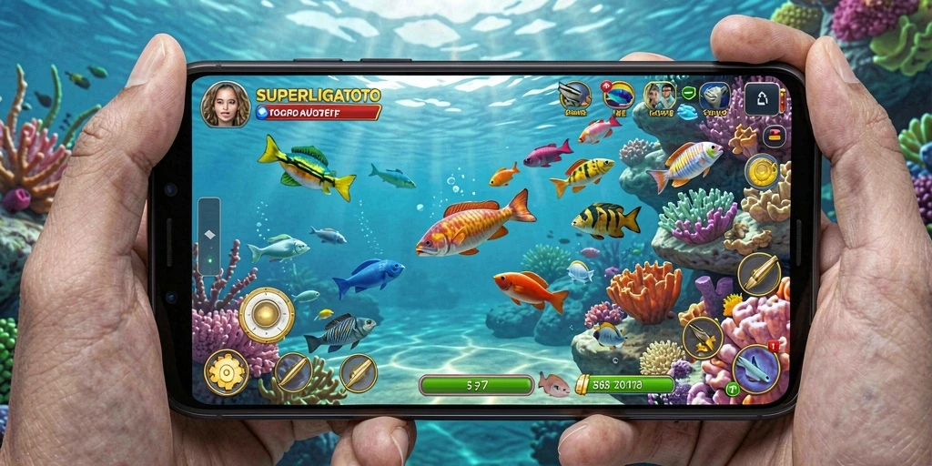 Tampilan gameplay menarik dari SUPERLIGATOTO saat menembak ikan.