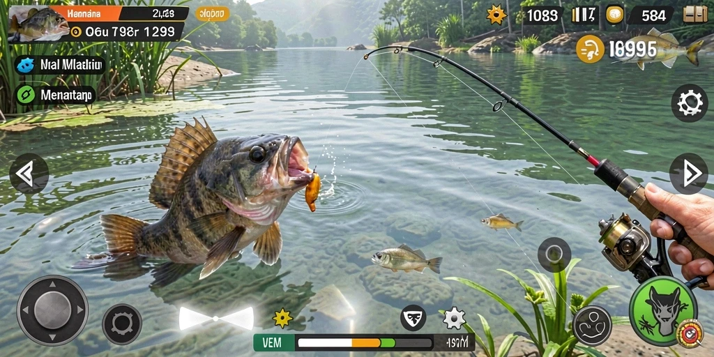 Screenshot gameplay V98 menampilkan aksi memancing yang seru dan menyenangkan.
