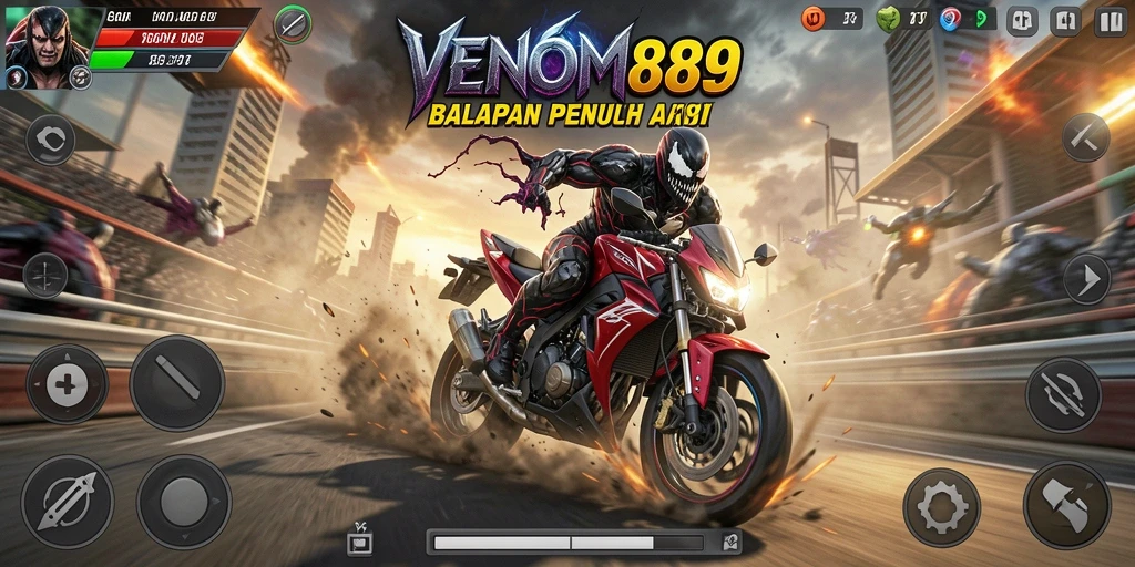 Screenshot gameplay VENOM889 yang menampilkan balapan motor penuh aksi.